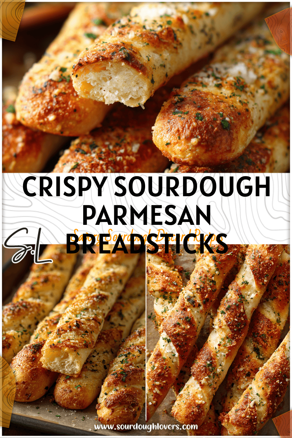 Golden sourdough Parmesan breadsticks sprinkled with garlic and herbs on a baking tray